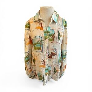 La Maise Anthropologie Tropical Print Button-Up Shirt in Cream & Green NWT